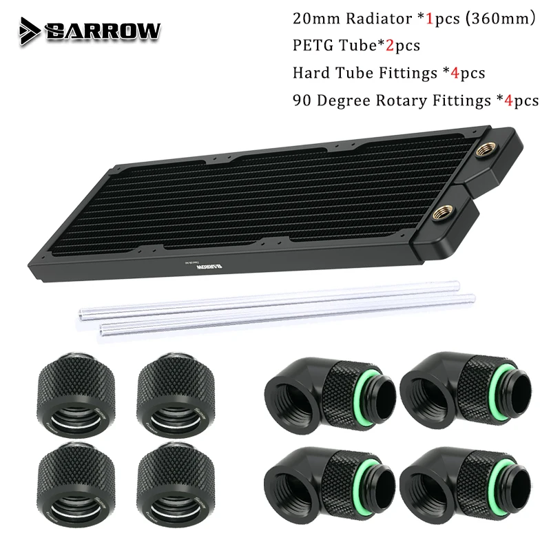 Barrow Water Cooling Kit, 20/28mm Thick Radiator+G1/4'' 90 Degree Rotary Fittings+PETG Tubes+Connectors, Dabel-20a Dabel-28a