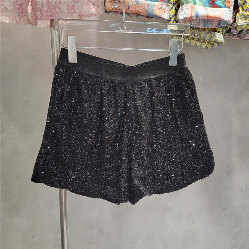 2023 Summer New Elastic High Waist Heavy Industry Sequined Shorts Women A- Line Wide Leg Black Shorts Pantalones Cortos De Mujer