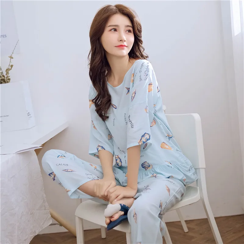 UHYTGF Pajamas Womens Print Cotton Silk Summer Two-Piece Set Sleepwear Female Thin Home Clothes Breathable Ladies Nightgown 2501