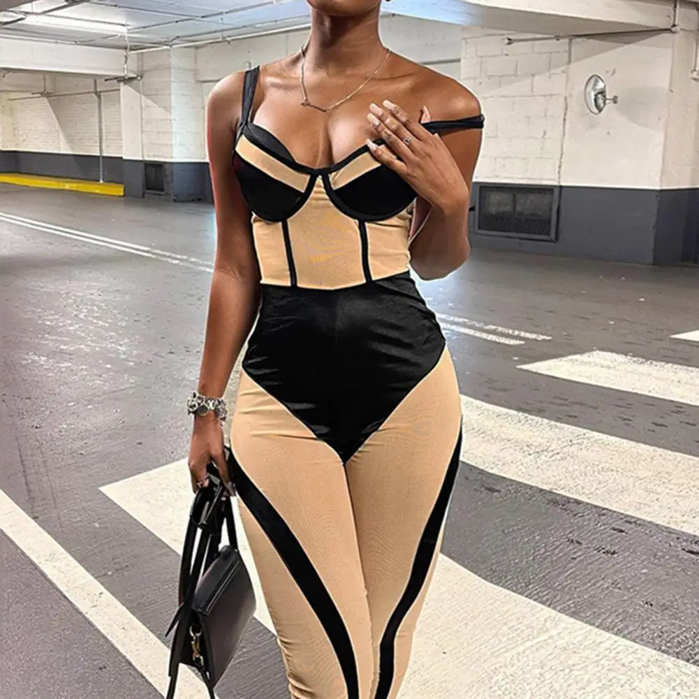 

Trendy Contrast Color Tight Women Romper Slim Fit Skinny High Waist Long Sleeves Soft Slim Fit Color Matching Jumpsuit For Party