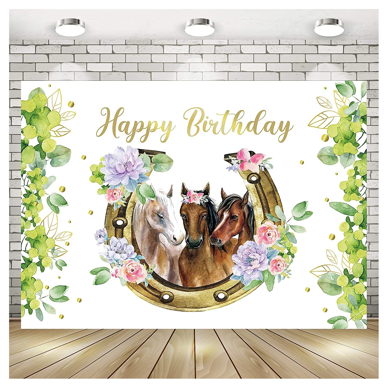

Horse Birthday Backdrop Floral Cowgirl Flower Western Farm Green Leaves Watercolor Photography Backgrounds Photo Decorations