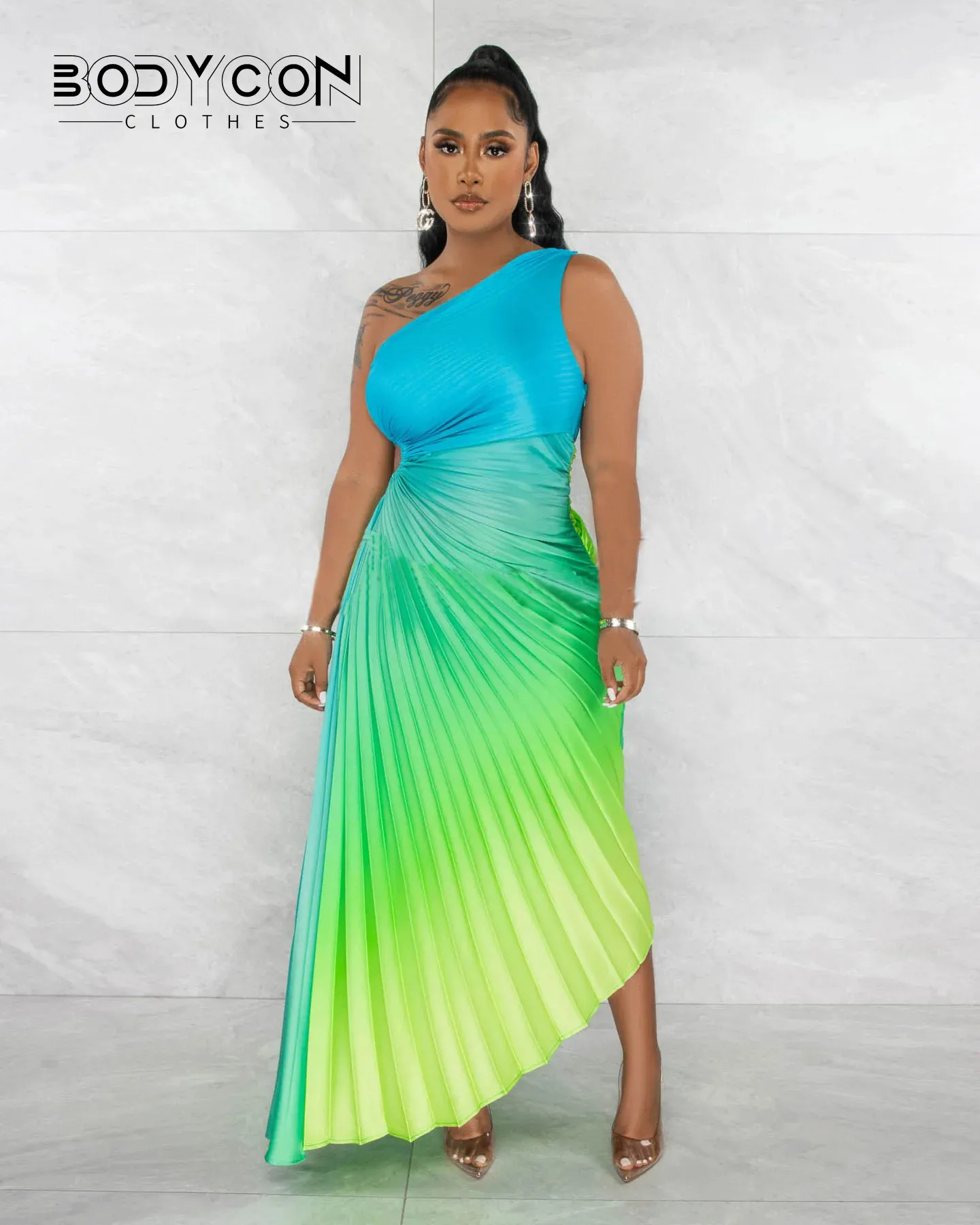

BODYCON Women Gradient Printed Pleated One Shoulder Roll Waist Maxi Irregular Big Swing Dress 2023 Sexy Party Vestidos Dresses