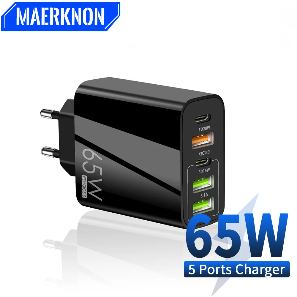 

65W 5 Port PD USB C Charger Fast Charging Mobile Phone Adapter For iPhone 14 Samsung Xiaomi Huawei Quick Charge 3.0 Wall Charger