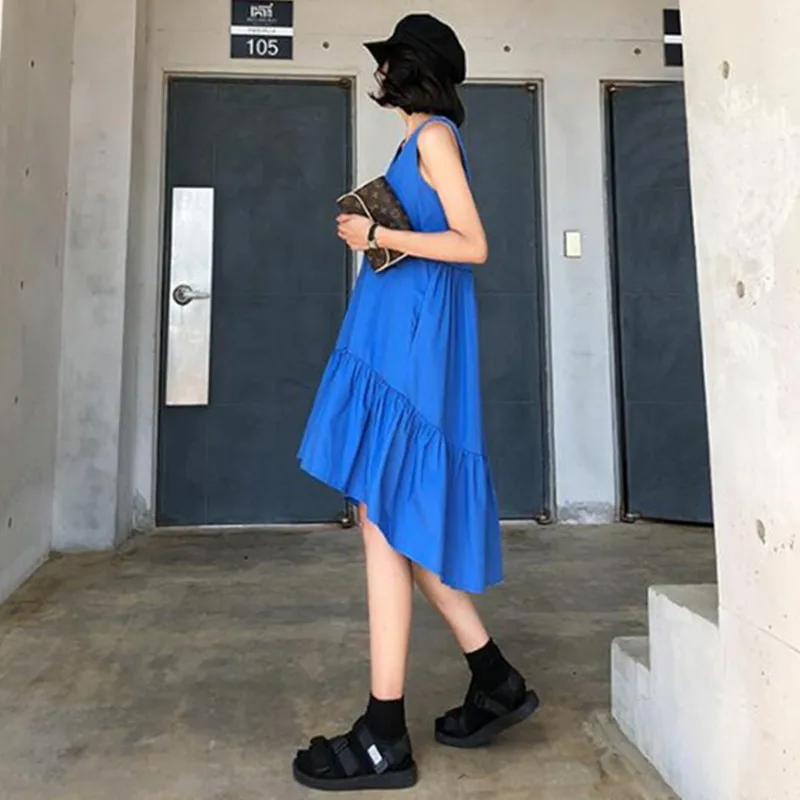 

2023 Summer Cotton Linen Dress Women Sleeveless V-Neck Ruffles Asymmetric Dress Loose Soft Chic Sundress Holiday Party Vestidos
