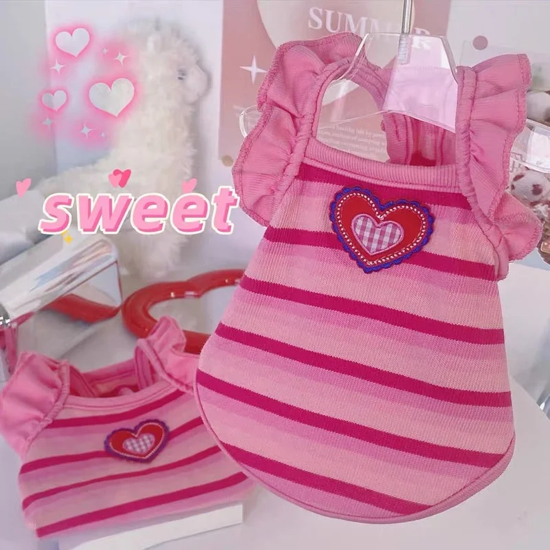 

Peach Pink Stripe Vest Dogs Clothes Heart Ruffled Sleeves Small Dog Clothing Cat Sweet Retro Y2k Soft Summer Thin Pet Products