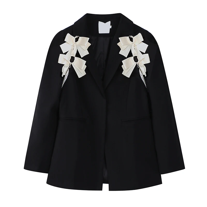 2022 Women Autumn Fashion Korean Black Blazers Ladies Design Flower Pearls Loose Long Sleeves Suit Female Office Lady Tops Y2K
