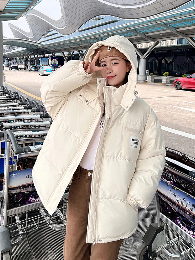 

2023 New Winter Cotton Down Coat Women Fashion Warm Thick Hooded Jackets White Autumn Casual Pocket Button Parka Female Overcoat
