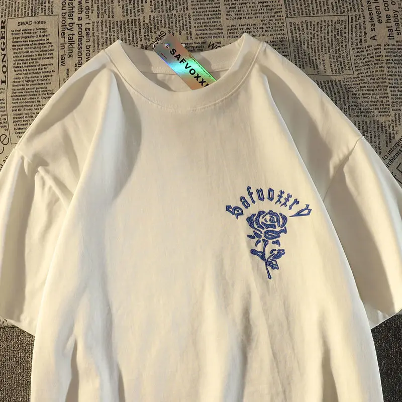 

2023 топы, готические футболки, женские футболки оверсайз, футболка в стиле ретро, футболка в стиле Хай-стрит с коротким рукавом и розами, мужская и женская Свободная уличная мода в стиле Instagram