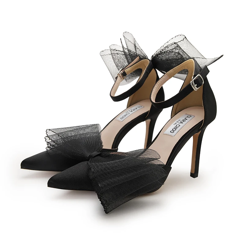 Сандалии женские с острым носком тканевые туфли бантом на шпильке тапочки