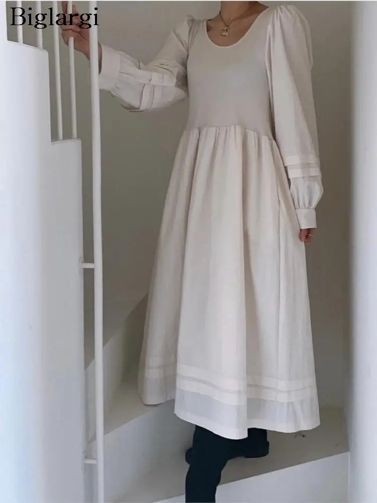 

Женское длинное трикотажное платье, плиссированное платье составного кроя с длинным рукавом и оборками, модное свободное женское платье в Корейском стиле, осень 2023