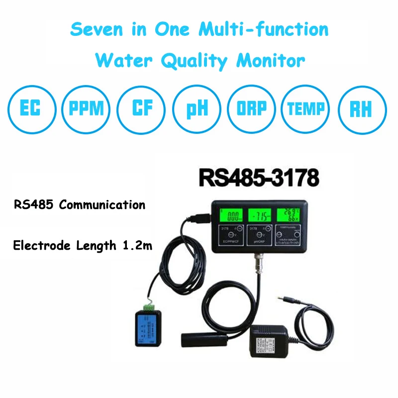 New 7 In 1 Multifunction Online Water Quality Monitor EC/TDS/CF/PH/ORP/Humidity/TEMP Meter With RS485 Communication Foe Aquarium