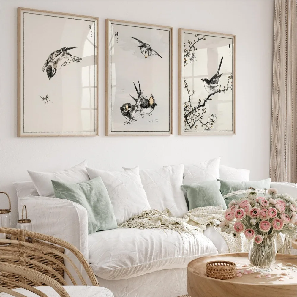 Минималистичные черно-белые плакаты ласточки на канве