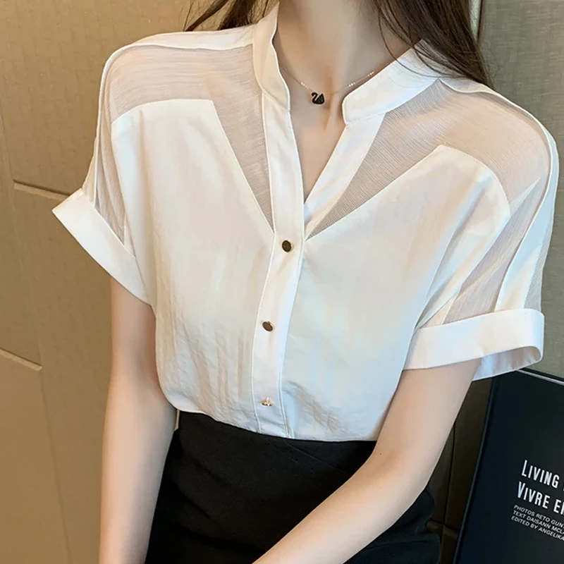 Блузка женская сетчатая с коротким рукавом и V-образным вырезом