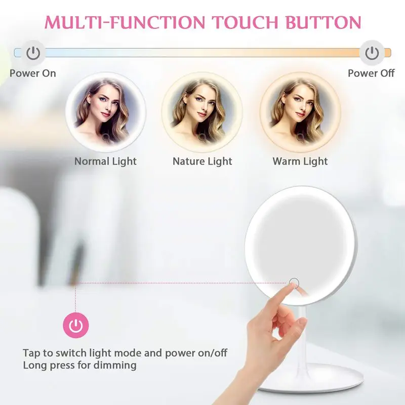 

LED Makeup Mirror With Light Lamp With Storage Desktop Rotating Cosmetic Mirror Light Adjustable Dimming USB Vanity Mirror