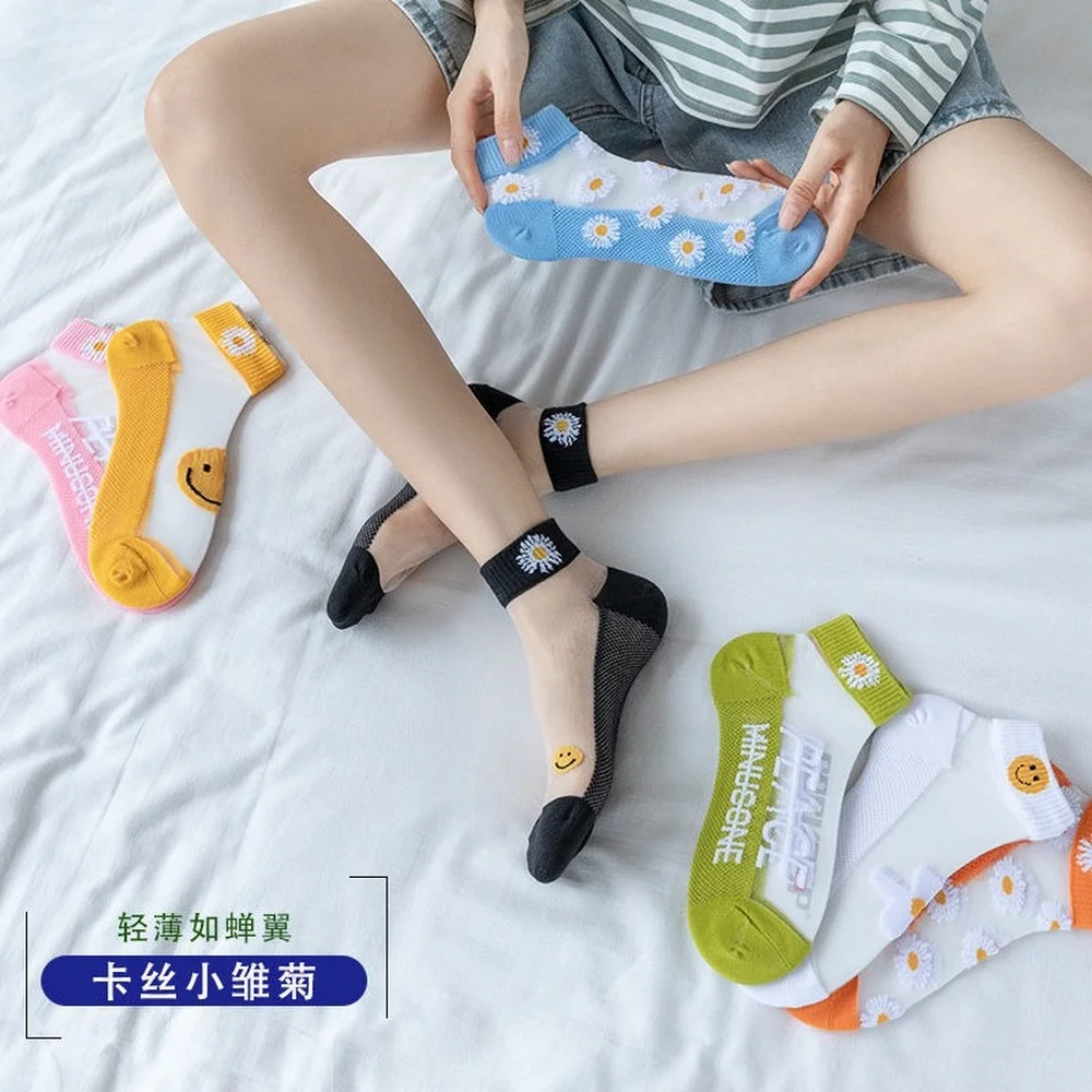 10 Pairs Japanese Fashion Crystal Sheer Socks Spring Summer Daisy Embroidered Socks Girl Ankle Socks Kawaii Transparent Socks