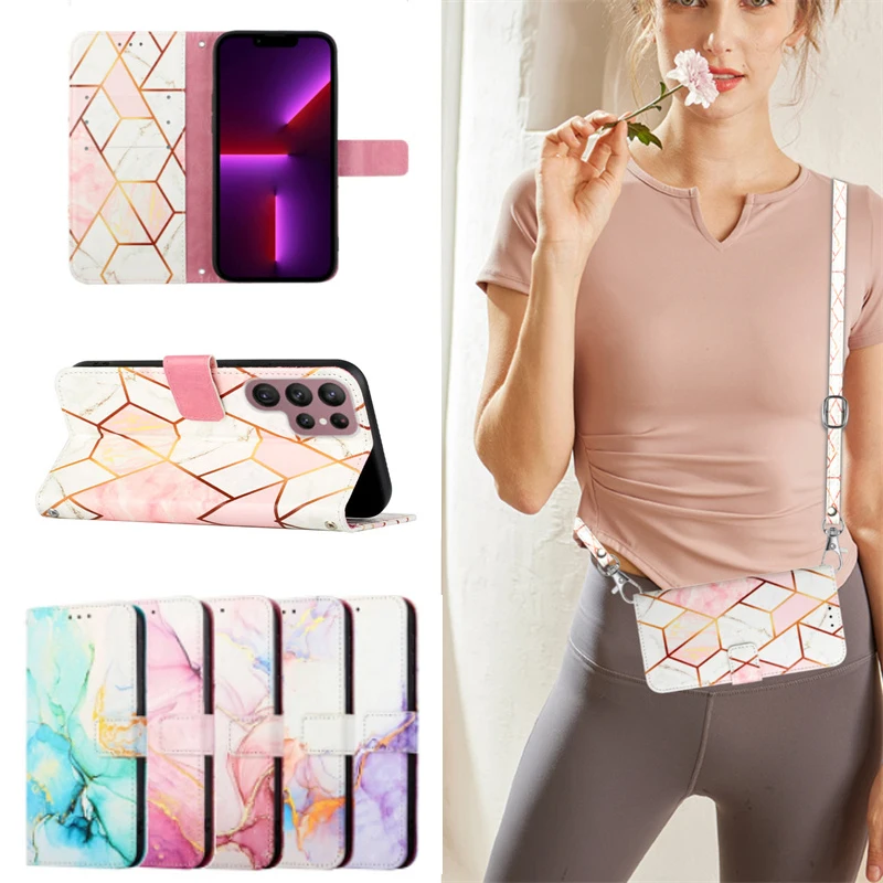 

Luxury Crossbody Bag Marble Flip Leather Wallet Case for Samsung Galaxy S22 Ultra S21 S20 FE A53 33 73 A13 23 32 22 A12 A52S 72