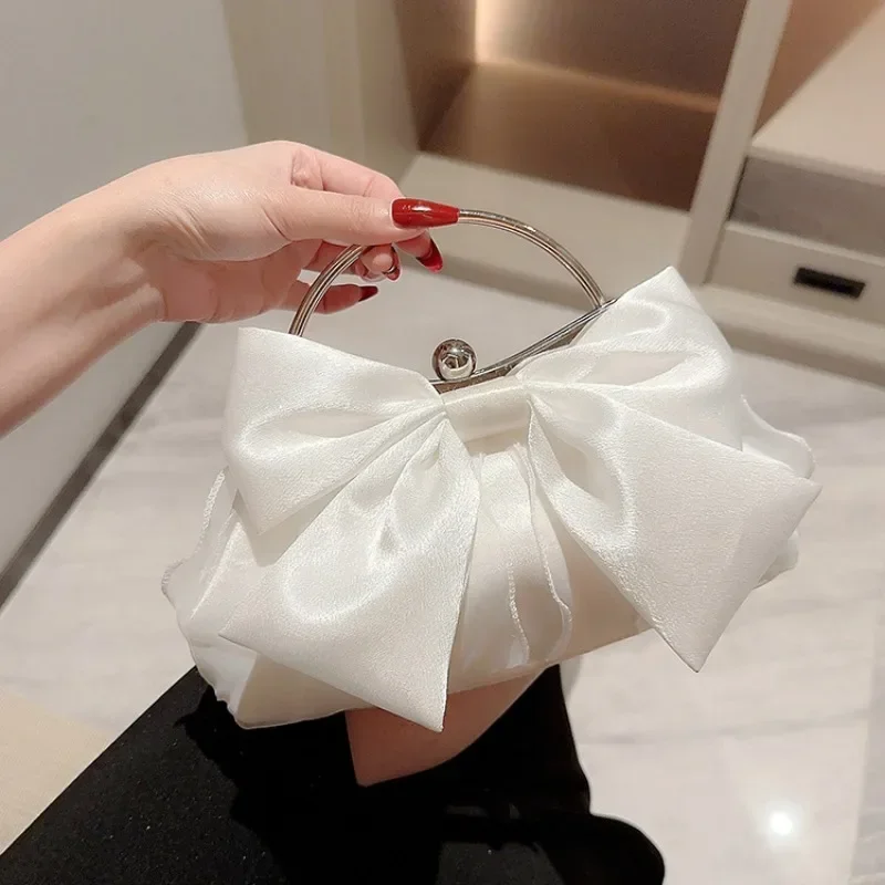 

White Satin Bow Fairy Evening Bags Clutch Metal Handle Handbags for Women Wedding Party Bridal Clutches Purse Chain Shoulder Bag