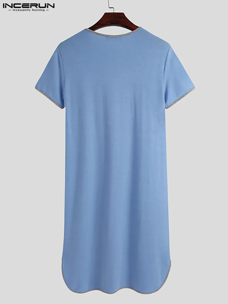 New Man Loose Fashion Bathrobes Casual Solid Nightgown INCERUN Men Patchwork Sleep Robes Short Sleeve V-Neck Homewear Hombre 5XL