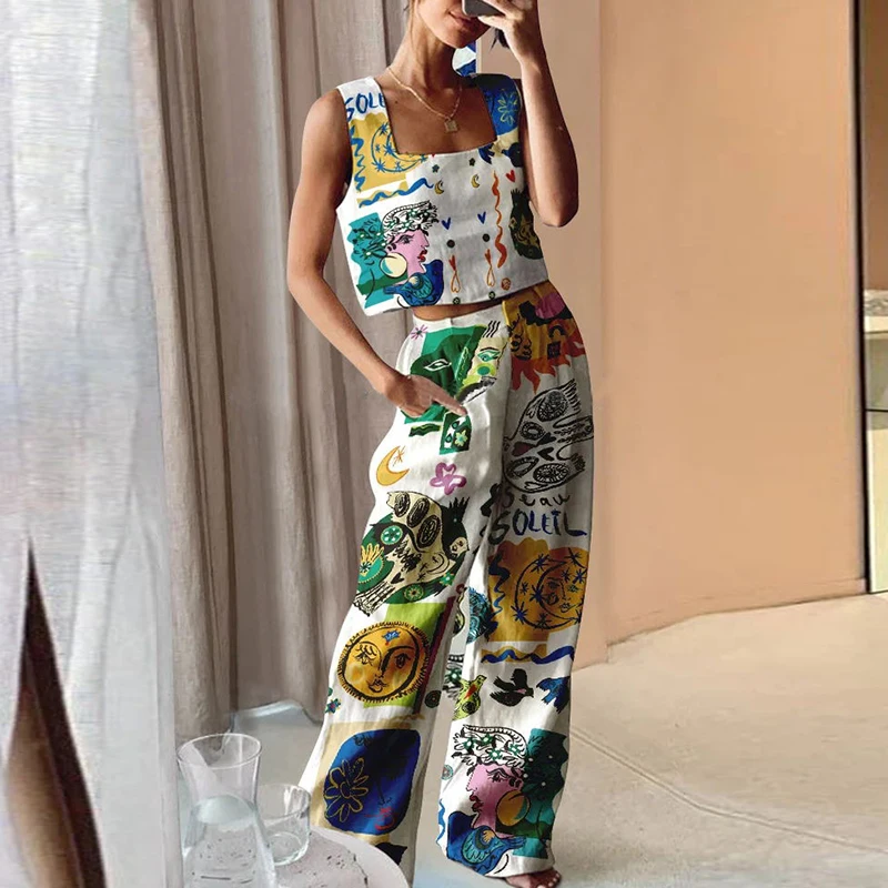 

Sexy Square Collar Strap Vest Top+Wide Leg Pants Outfits Women Spring Pattern Print Two Piece Sets Summer Sleeveless Hollow Suit