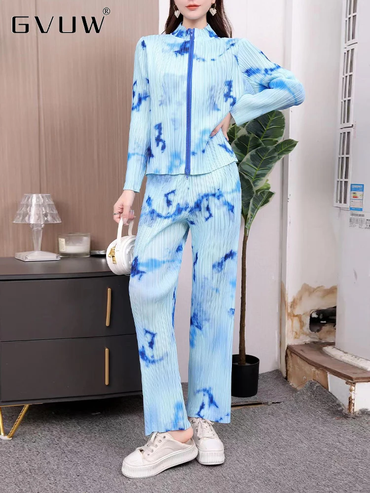 

GVUW Pleated Casual Two Piece Set Women's Color Bolck Print Cardigan Stand Collar Zipper Coat Wide Leg Pants Autumn 2023 17G1045