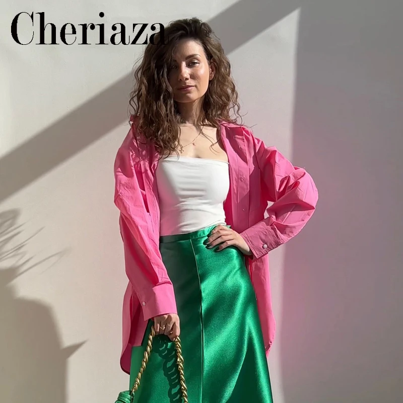 

Fashion 2022 Spring Pink Loose Button Up Shirts Woman Solid Color Long Sleeves Office Lady Tops Pocket Asymmetrical Blouse