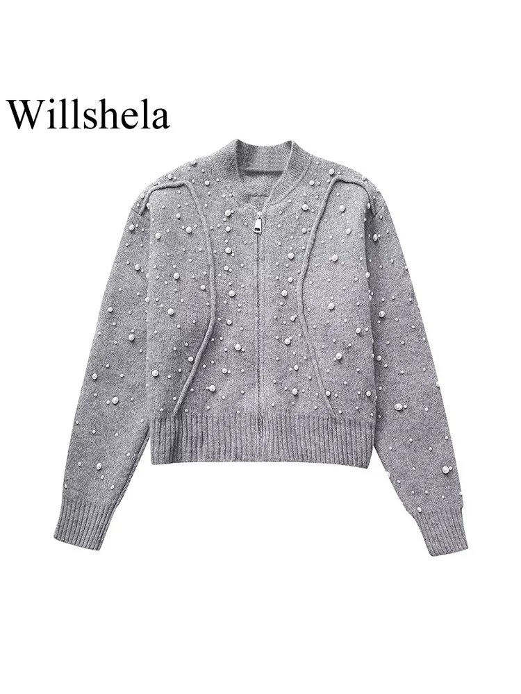 

Willshela Women Fashion With Faux Pearl Grey Front Zipper Bomber Jackets Vintage O-Neck Long Sleeves Female Chic Lady Outfits