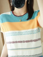 summer new womens round neck pullover cotton knitted short sleeved fashion all match comfortable striped contrast color t shirt