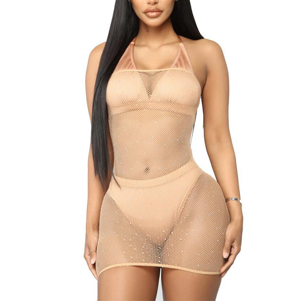 

Shiny Rhinestones See-through Bodycon Tube Dress Women Mesh Sleeveless Transparent Lingerie Sexy Evening Party Club Wear A50