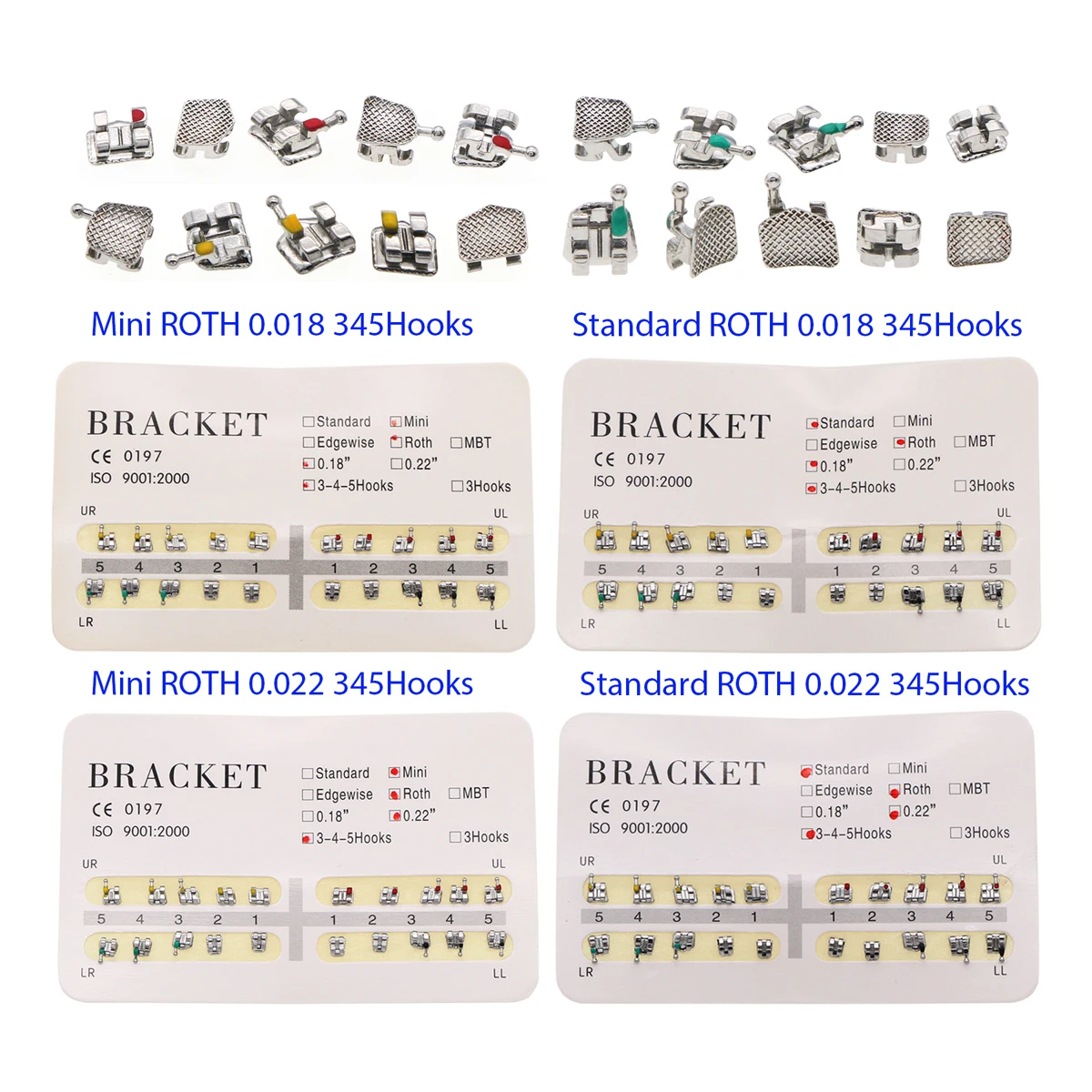 

10Sets/200Pcs Dental Orthodontic Metal Brackets Braces Standard/Mini ROTH 018/022 Slot With 345 Hooks