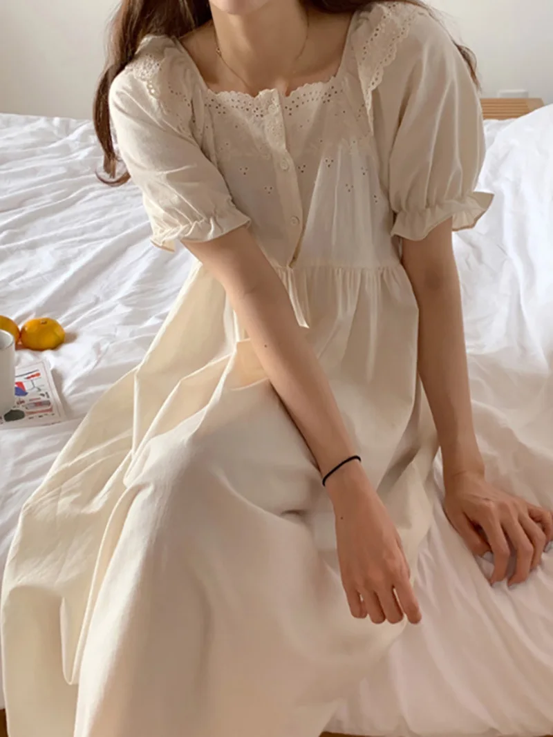 Korea Kawaii Lounge Night Dress Summer New Sweet Girl Cotton Lace Short Sleeve Home Nightdress Victorian Princess Sleepwear