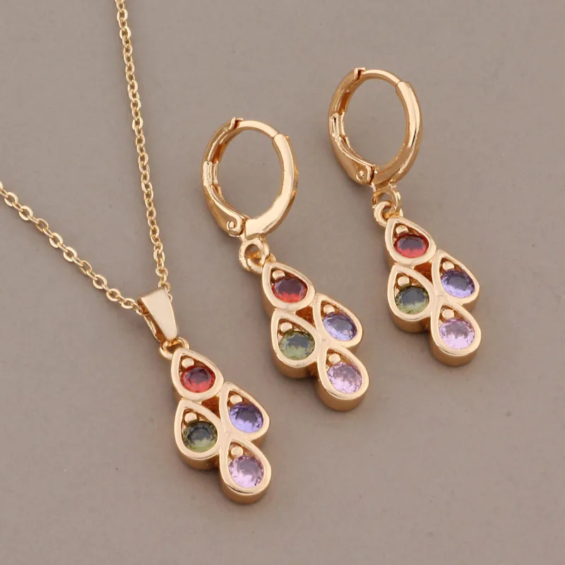 

New Trend Design Gold Color Unusual Colourful Natural Zircon Dangle Earrings Sets Luxury Elegant Women's Set