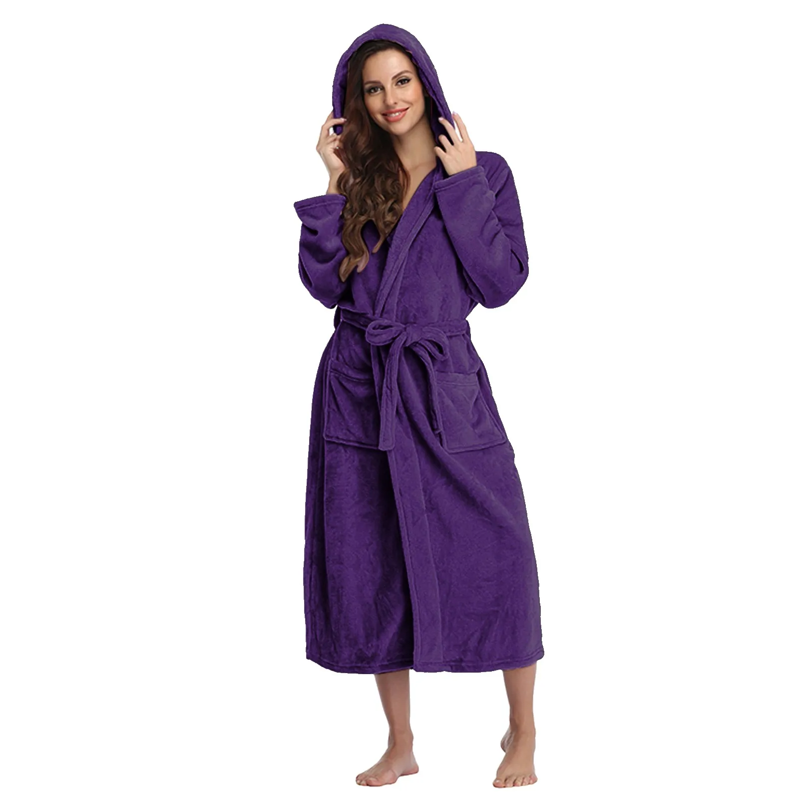 

Women's Long Bathrobe Robe With Belt Nightshirt with Cap