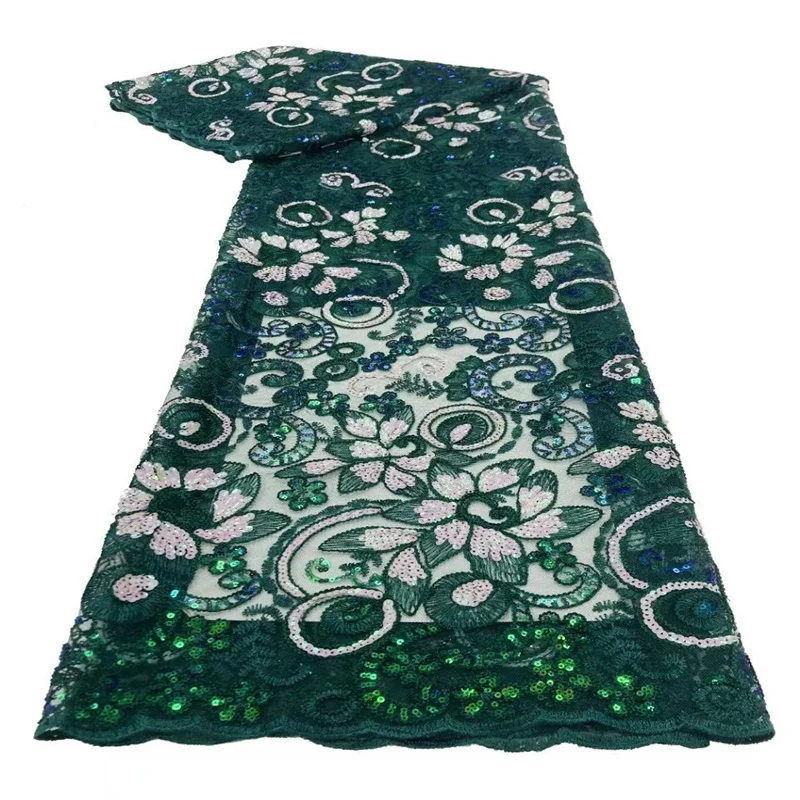 

African Wedding Lace Fabric 2023 Mesh Nigeria Tulle Embroidery Sequin French Lace Fabrics For Women Party Dress green