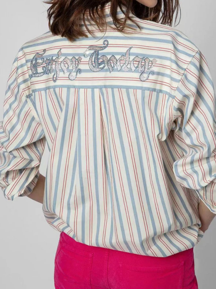 2022 Spring Summer New Lapel Single-breasted Pocket Striped Back Rhinestone Letter Printing Women Casual Long-sleeved Shirt Top