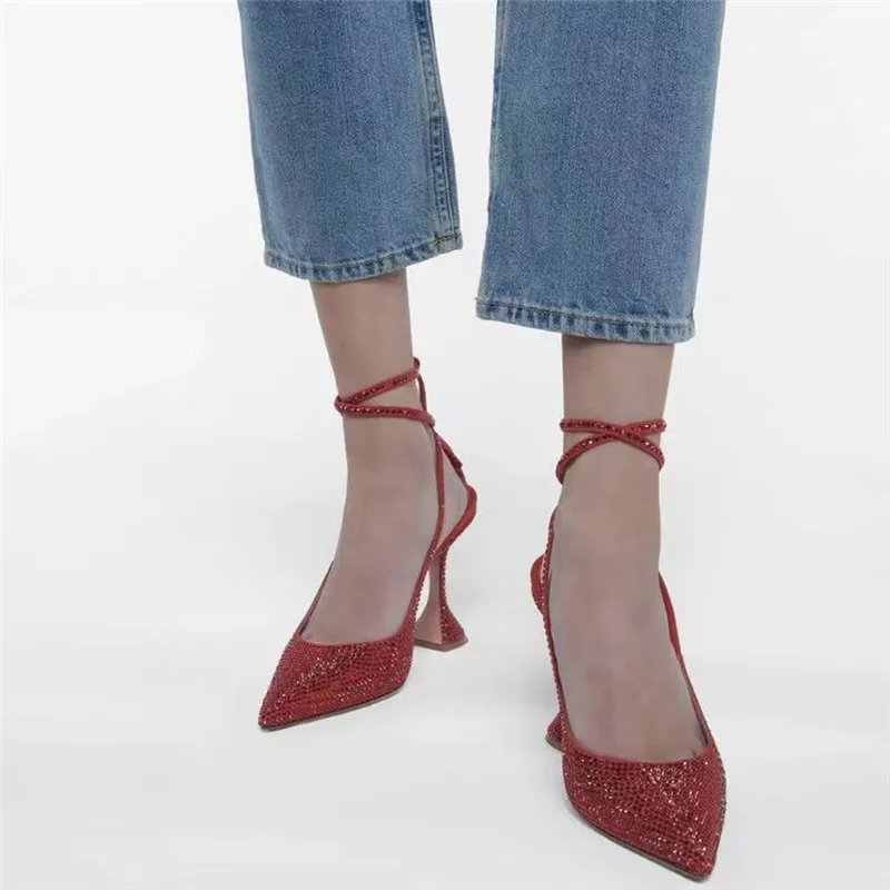 Summer New Baotou Ladies Rhinestone Banquet Sandals Pointed Toe Shaped Heels Sexy High Heels Cross Strap Red Sandals 43 Yards