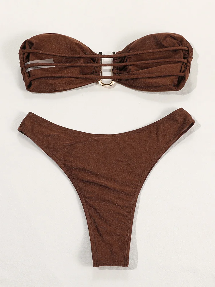 Однотонный купальник женский купальный костюм Бикини бандо 2022 комплект бикини с