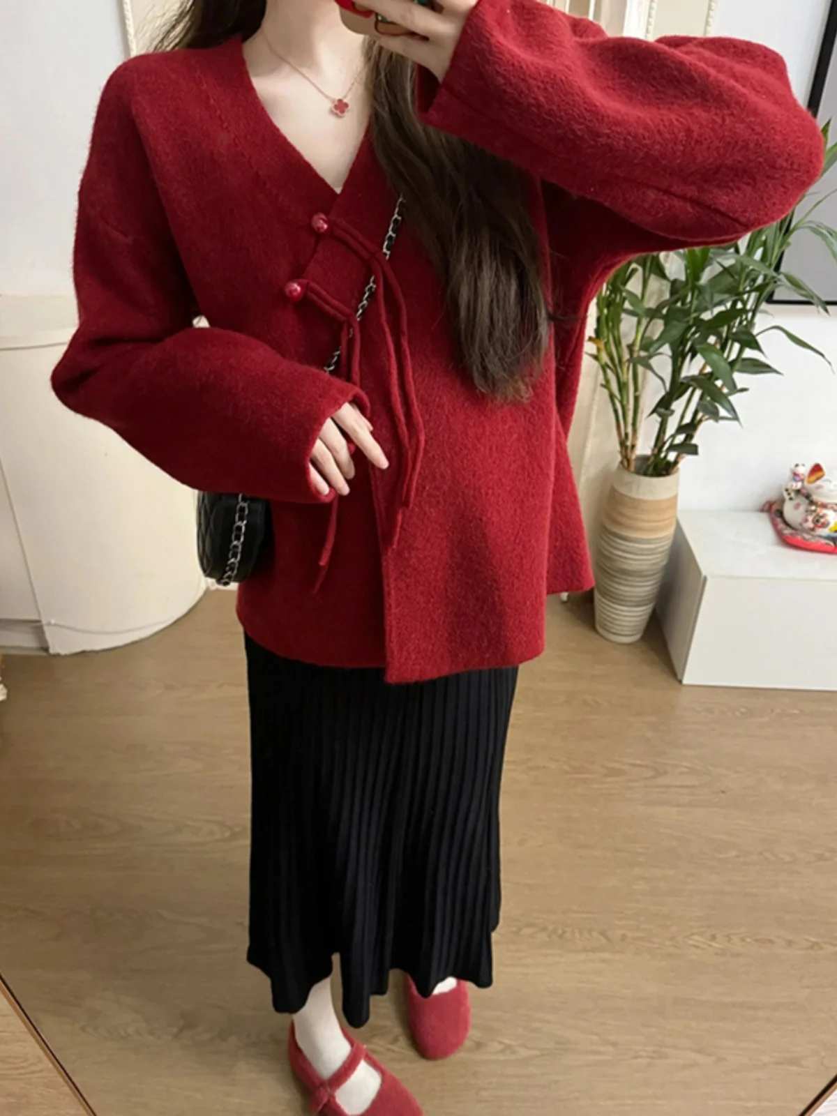 Новый китайский красный свитер с v-образным вырезом кардиган верхняя одежда