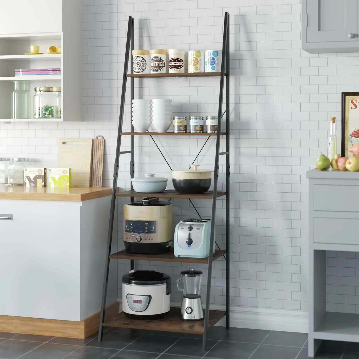 

Homfa Rustic Ladder Shelf 5 Tier Industrial Bookshelf & Storage for Home & Office