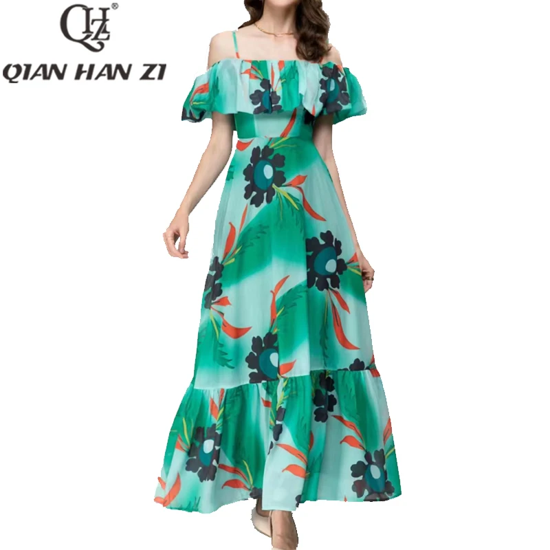 

QHZ дизайнерское Модное Элегантное Длинное Платье на бретельках для женщин с воротником-лодочкой винтажный принт тонкое пляжное платье макси для отпуска