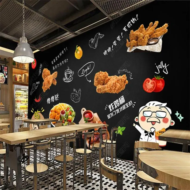 Custom Fried Chicken Snack Bar Black 3D Wall Paper Fast Food Restaurant Decor Mural Self-adhesive Wallpaper Papel De Parede 3D images - 6