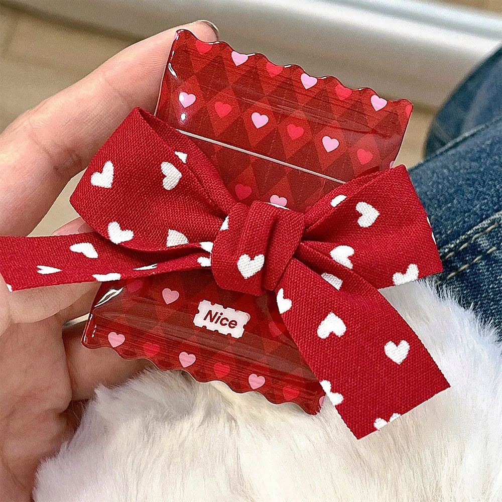 

Sweet Love Heart Bowknot Wine Red Rhombic Lattice Cute Candy Earphone Case For Apple Airpods Pro 2 3 2/1 Protective Box Cover