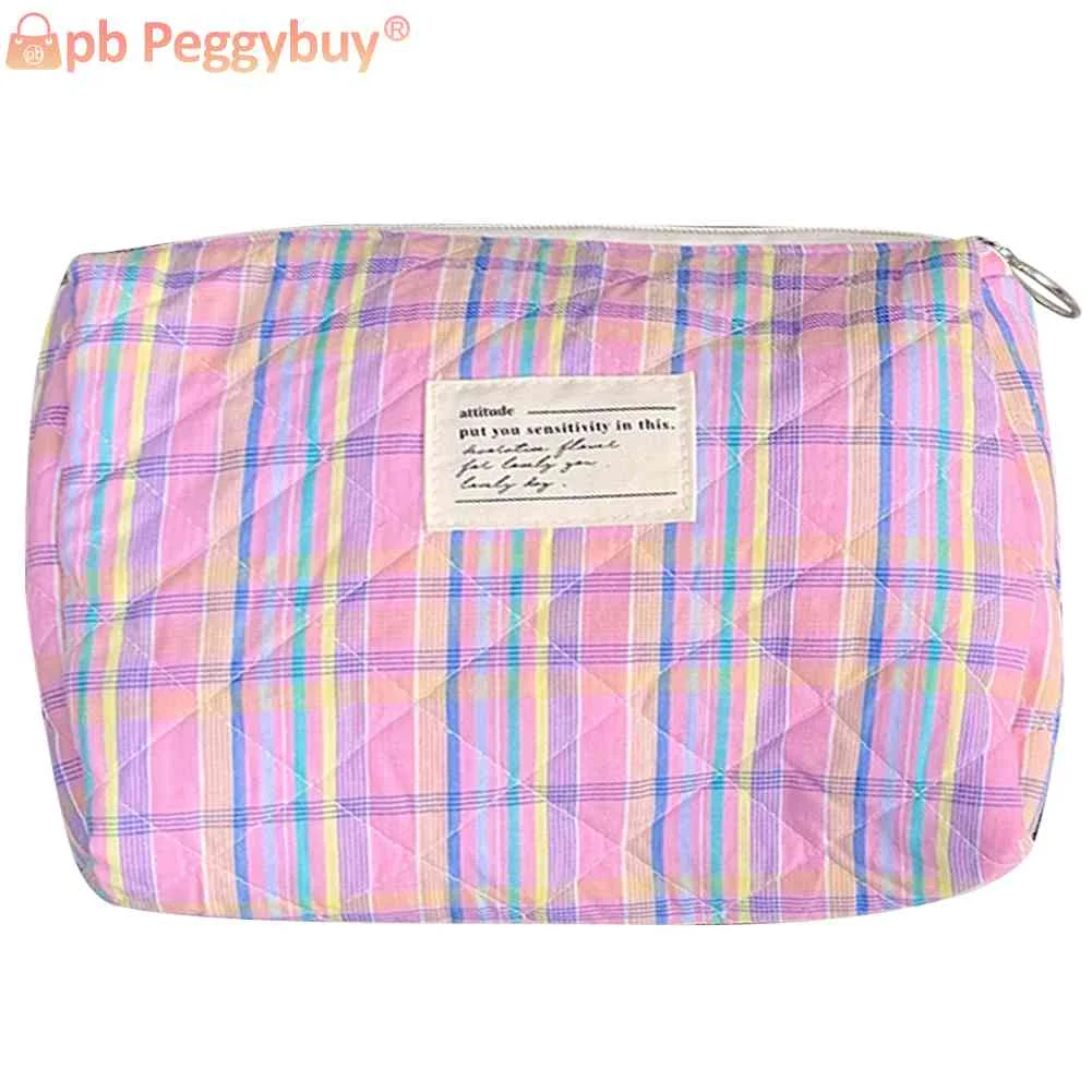 

Quilted Beauty Bag Color Contrast Plaid Coin Purse Zipper Cotton Multifunction Portable Fashion Casual Soft for Weekend Vacation