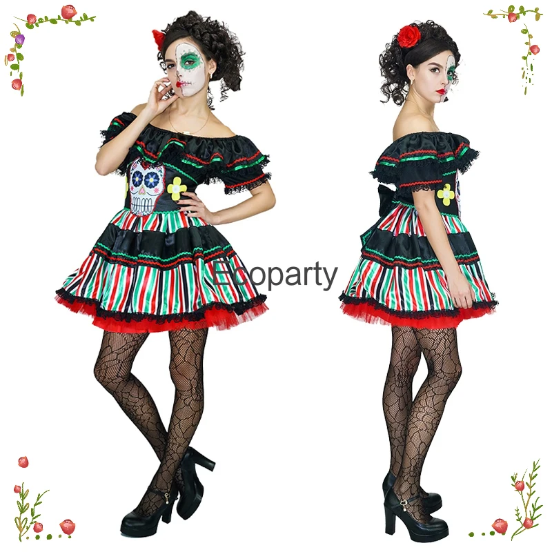 

New Women's Sexy Skull Bride Cosplay Costume Mexico Day Of Dead Ghost Fancy Dress Up Halloween Carnival Purim Outfits For Women