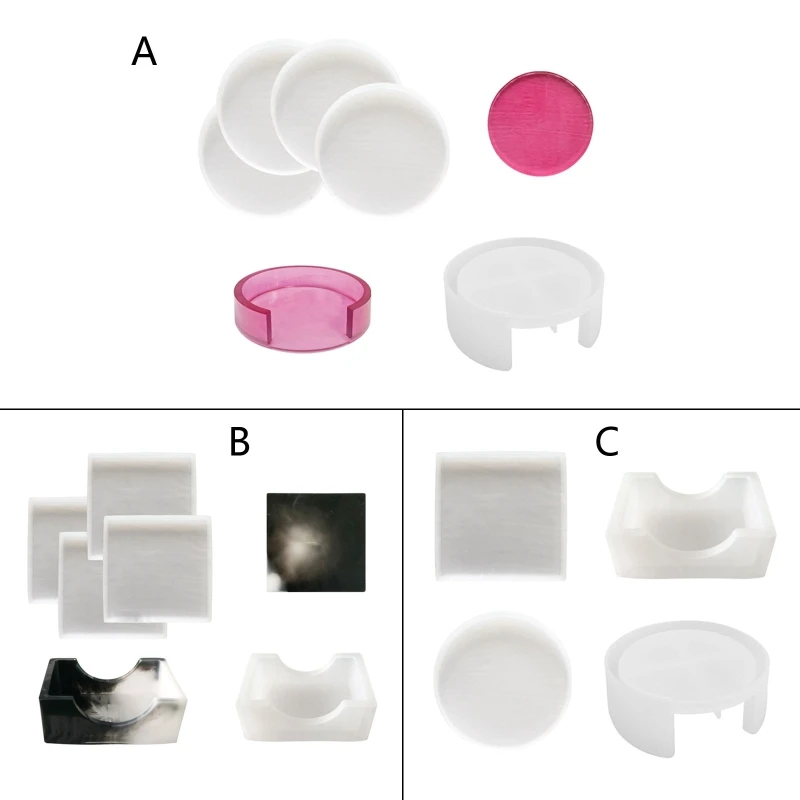 

4/5Pieces Silicone Coaster Storage Box Mould Square Epoxy Casting Mould Round Silicone Mould Coaster Moulds Cups Mat T8DE