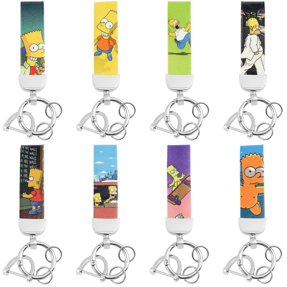 

Classic Comedy The Simpsons Keychain Disney Cartoon Bart Simpson Printing Leather Keyring for Car Pendant Key Holder Accessories