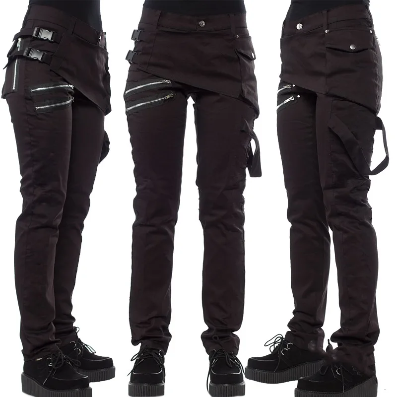 

Solid Color Fashion Rivet Skinny Pants Snap Fastener Side Release Buckle Oblique Zipper Pocket Casual Pants