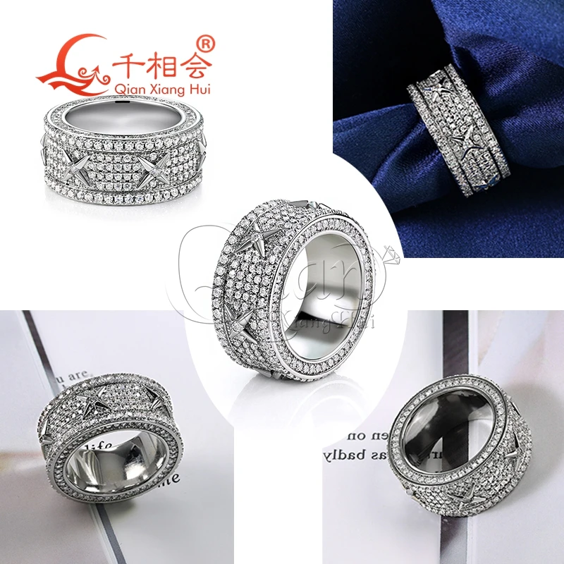 11.5mm four-angle star  eternal band white moissanite ring S925 Silver hip hop women Men's Ring Luxury Style gift wedding dating