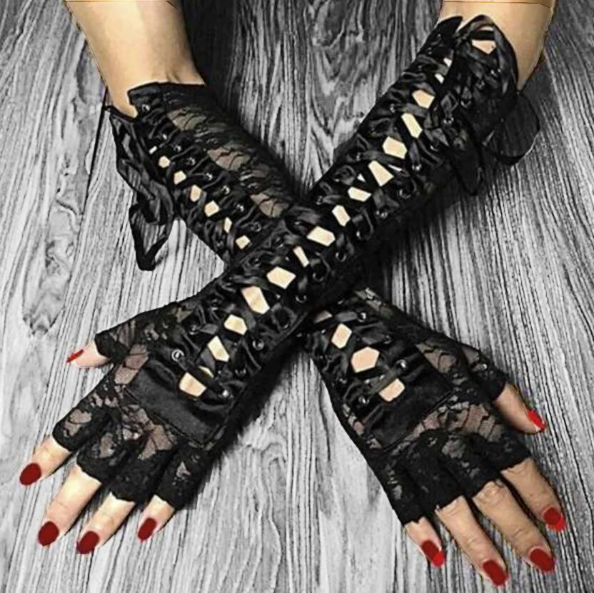 Halloween Lolita Retro Women's Long Gloves Steampunk Gothic Cosplay Lace Corset Half-finger Gloves Ribbon Fishnet Mesh