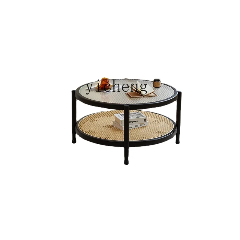 

ZK Solid Wood round Glass Coffee Table Living Room Home Simple Side Table Rattan Simple Tea Table