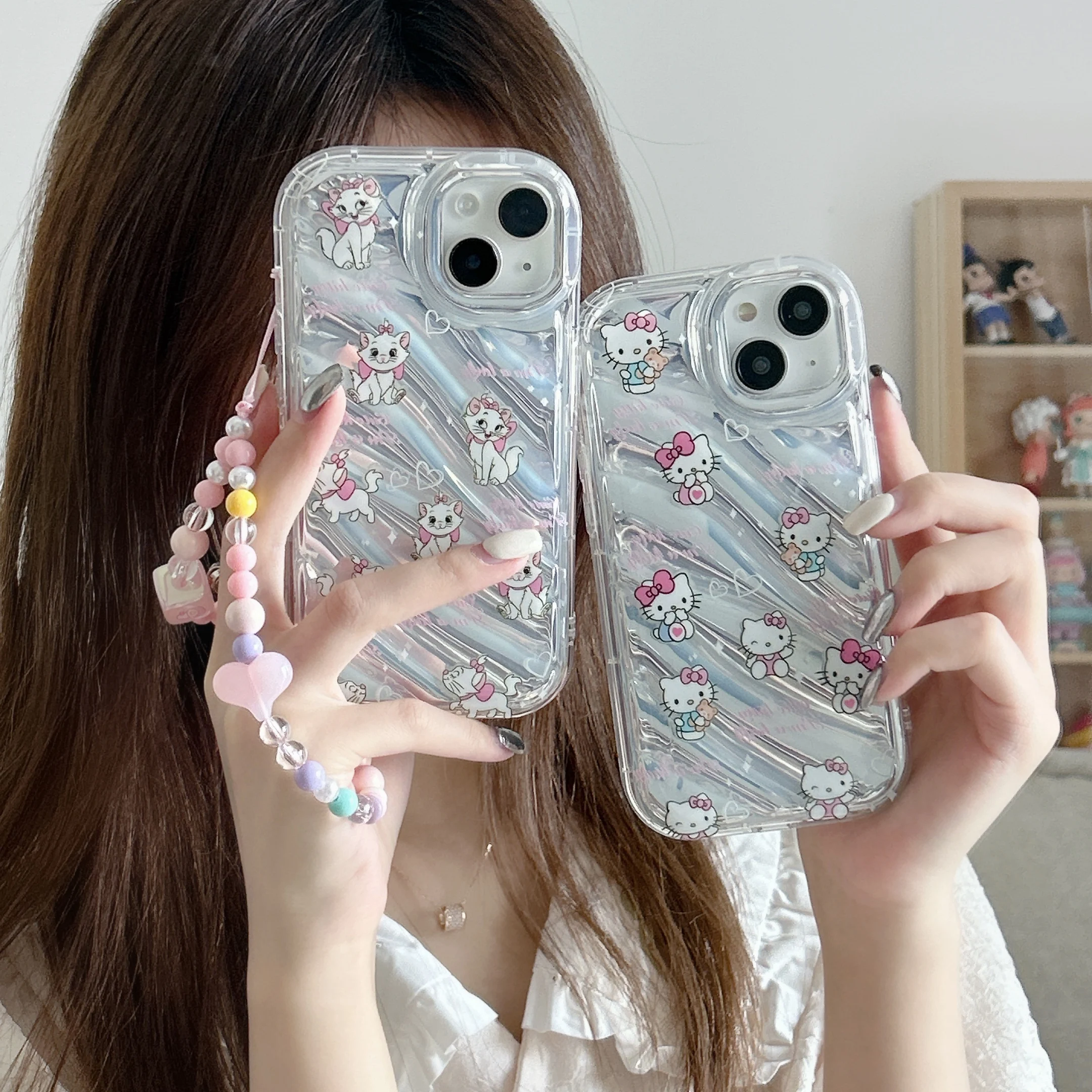 

Laser Disney Mary Cat Sanrio Hello Kitty with Lanyard Phone Case for IPhone 14 13 12 11 Pro Max X XR XS MAX 7 8Plus Back Cover